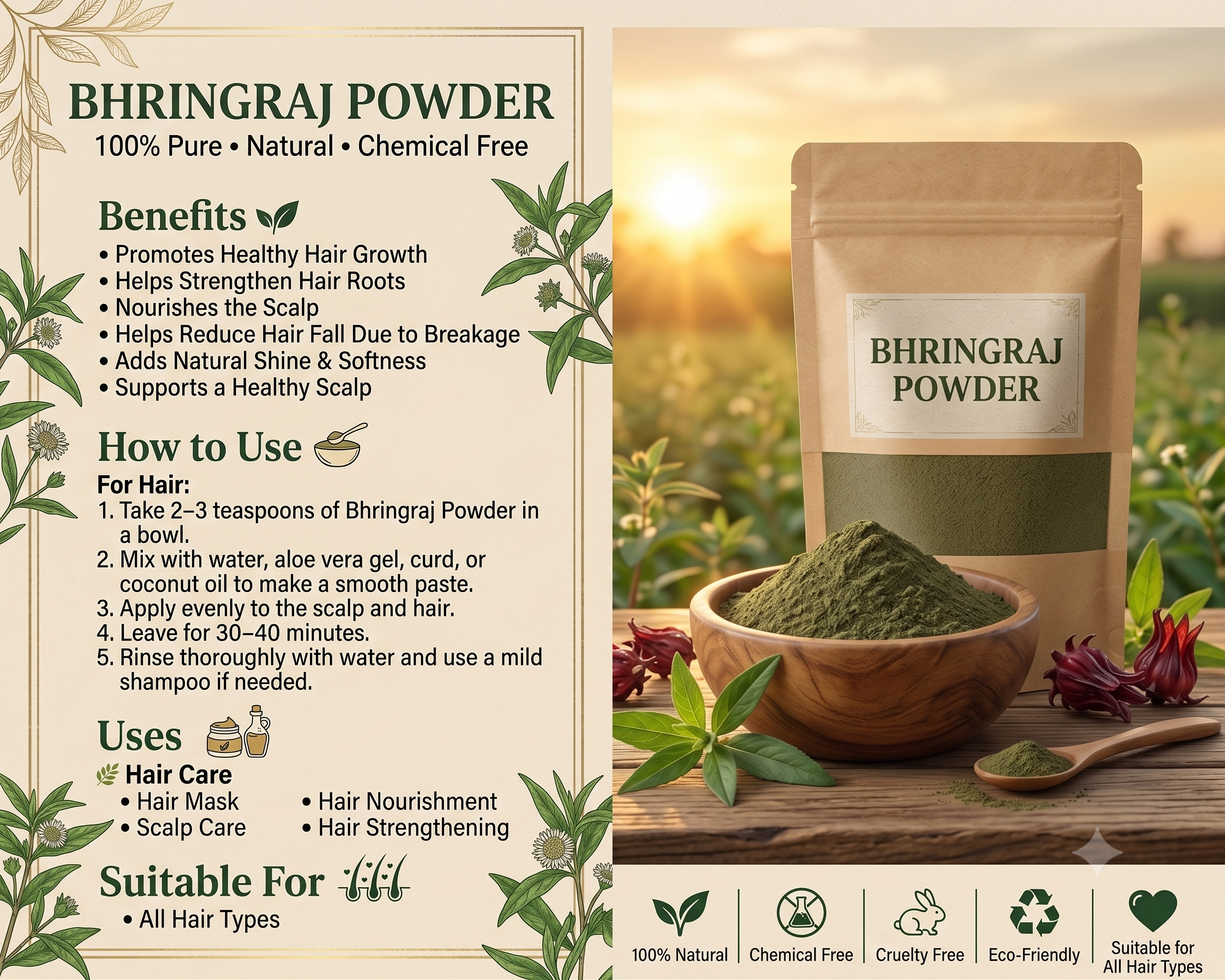 Zyka Beauty Premium Bhringraj Powder – 100% Pure & Natural for Strong, Healthy Hair (PACK OF 100 GRAM)